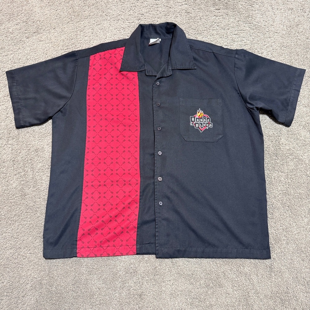 House of Blues Bowling Shirt Mens XL Black Red Guitar Panel Rockabilly Button Up